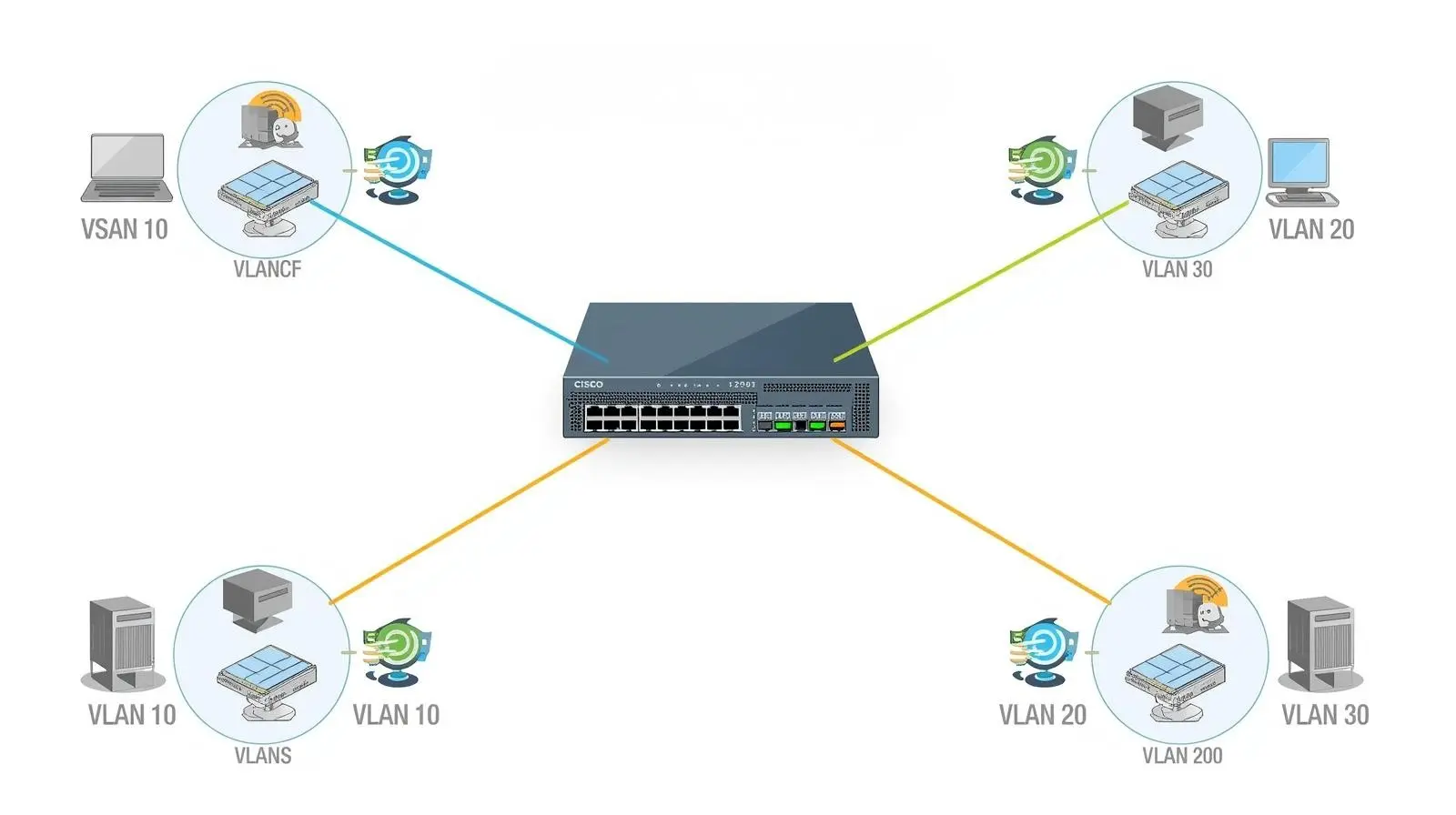 Exemplo prático de VLANs em switches Cisco separando tráfego de departamentos diferentes